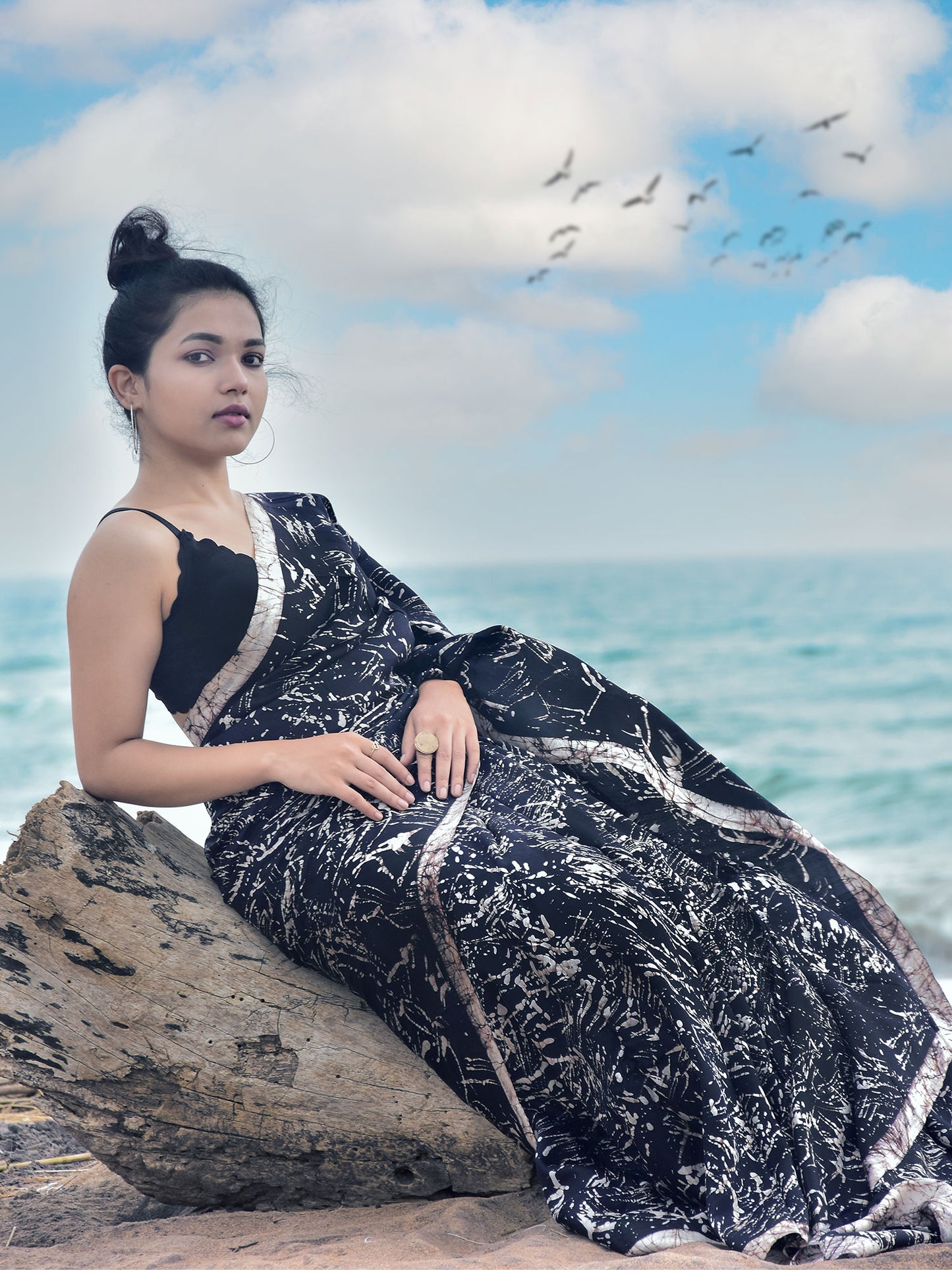 Black Batik Mulberry Silk Saree