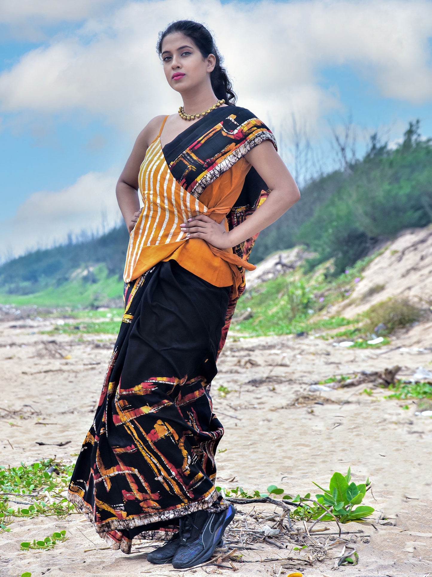 Rust & Black Batik Mulberry Silk Saree
