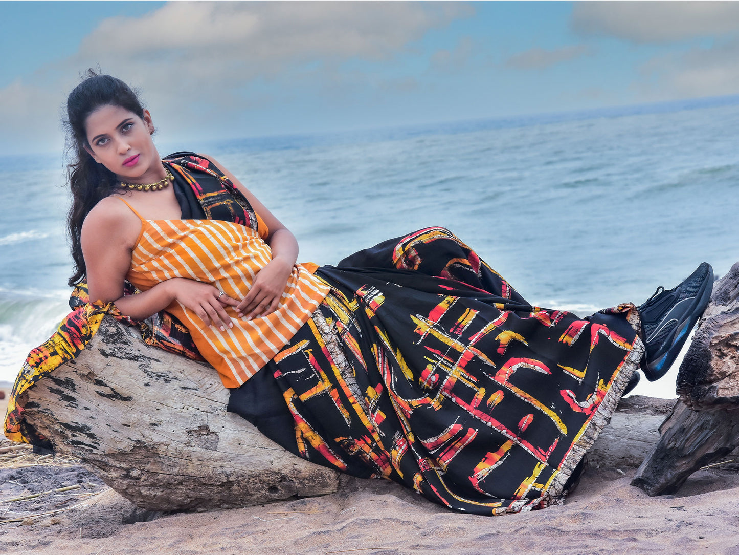 Rust & Black Batik Mulberry Silk Saree