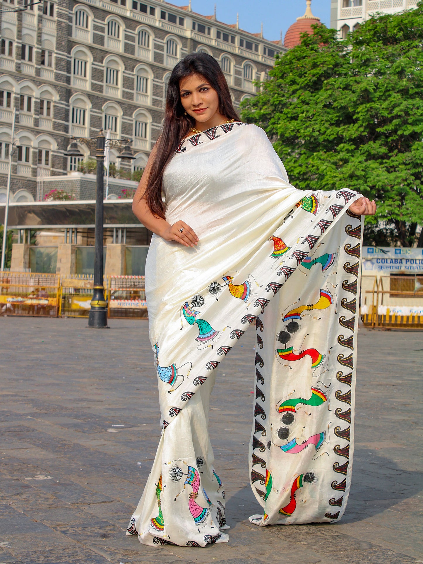White Hand Painted Saura Mullbery Silk Saree