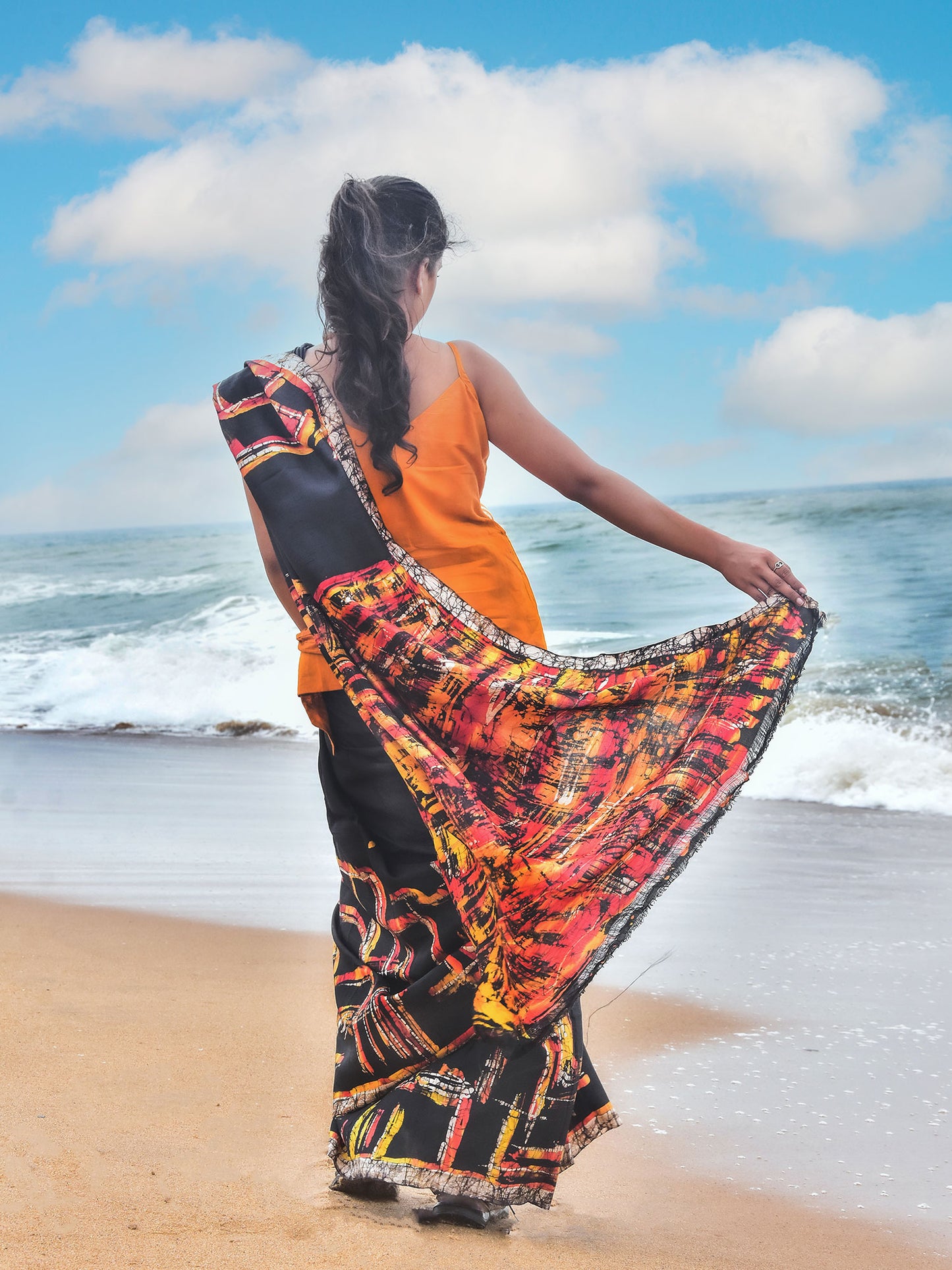 Rust & Black Batik Mulberry Silk Saree