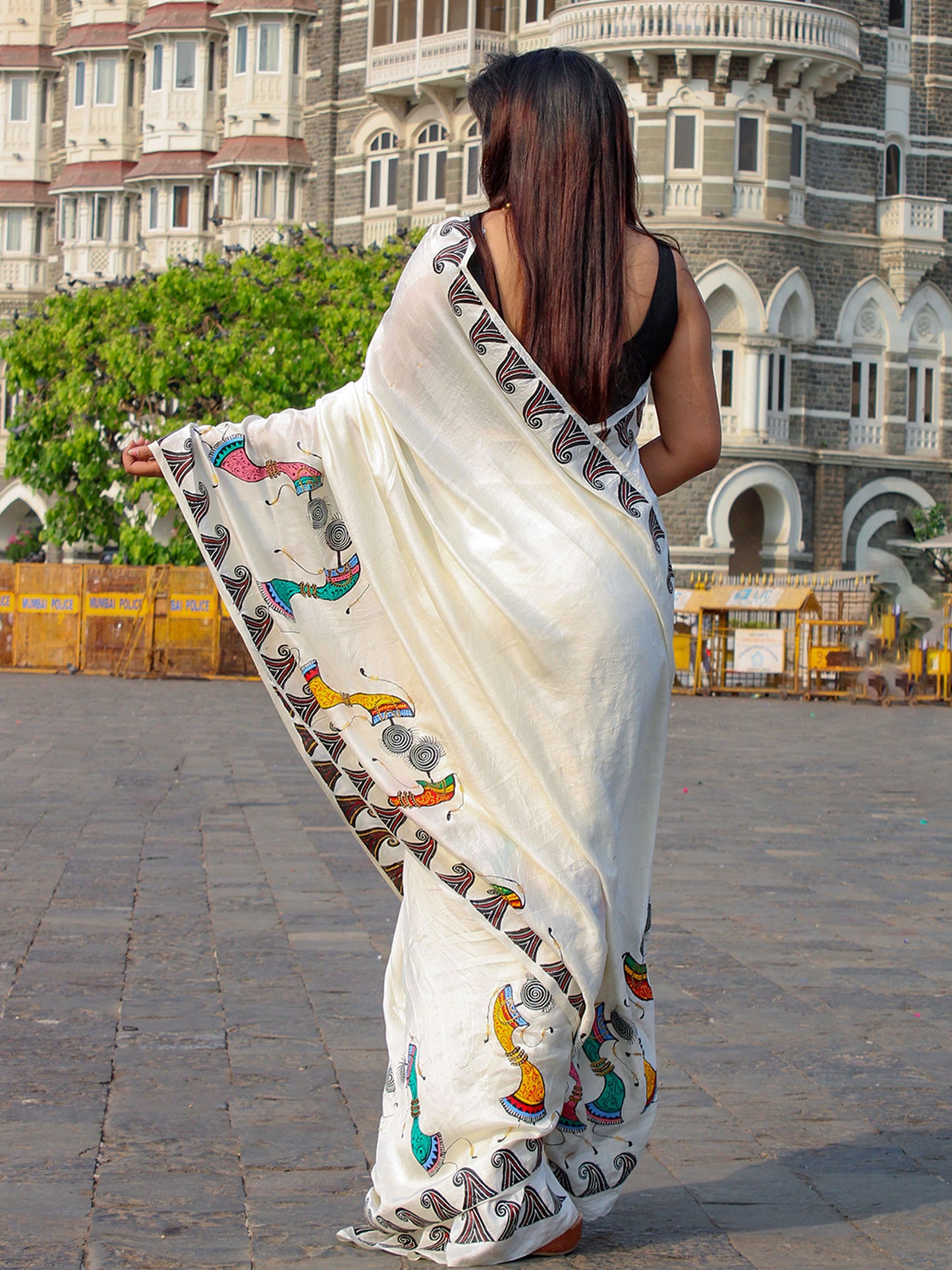 White Hand Painted Saura Mullbery Silk Saree