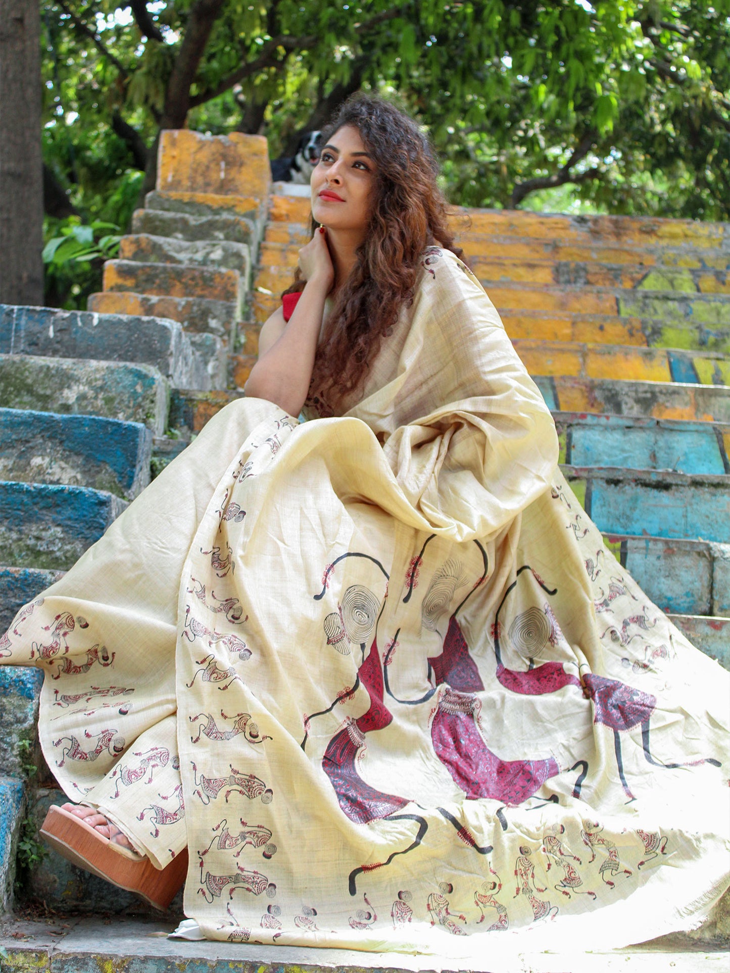 Beige Hand Painted Saura Tussar Silk Saree