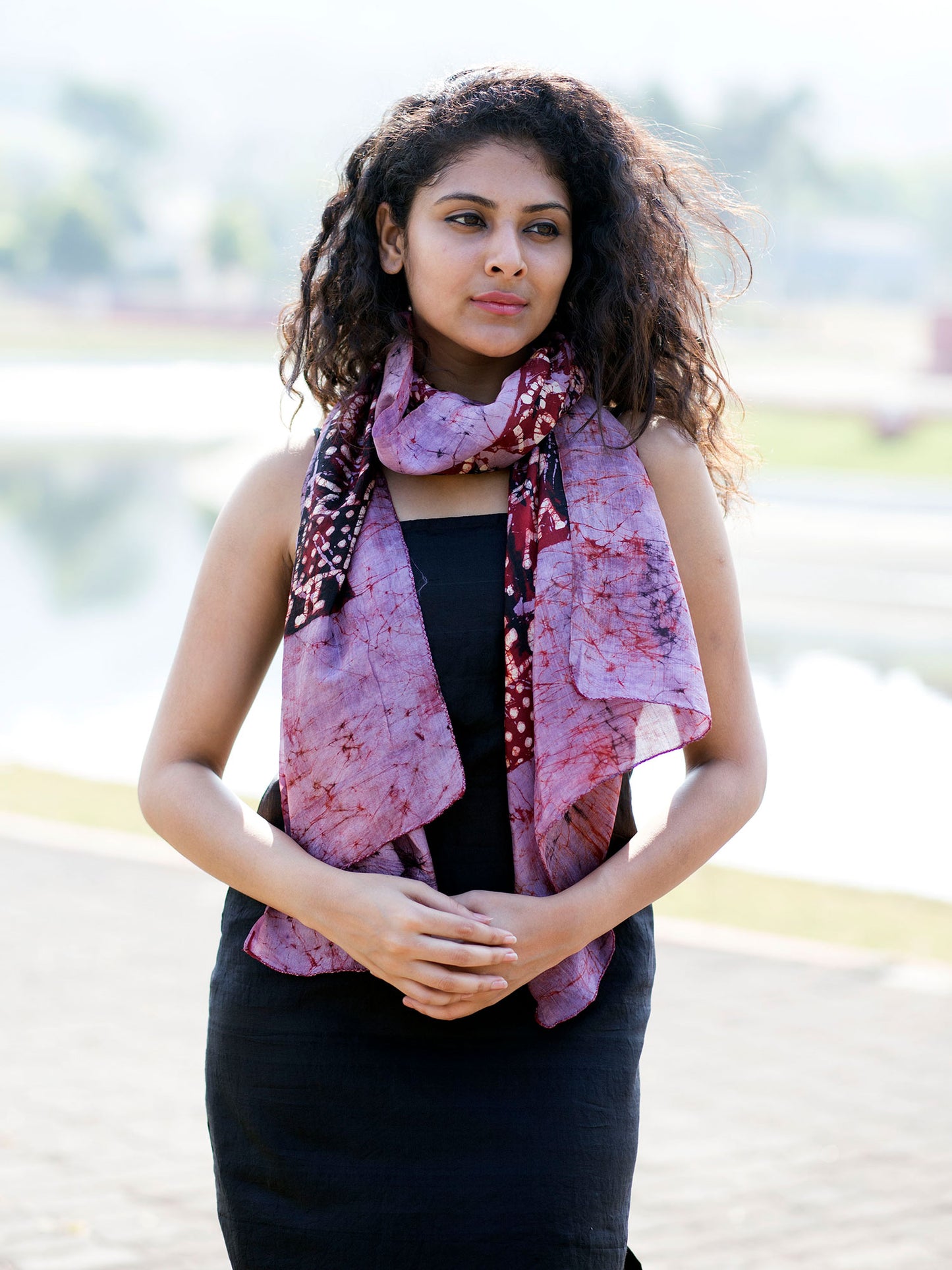 Purple and Red Batik Pure Silk Scarf