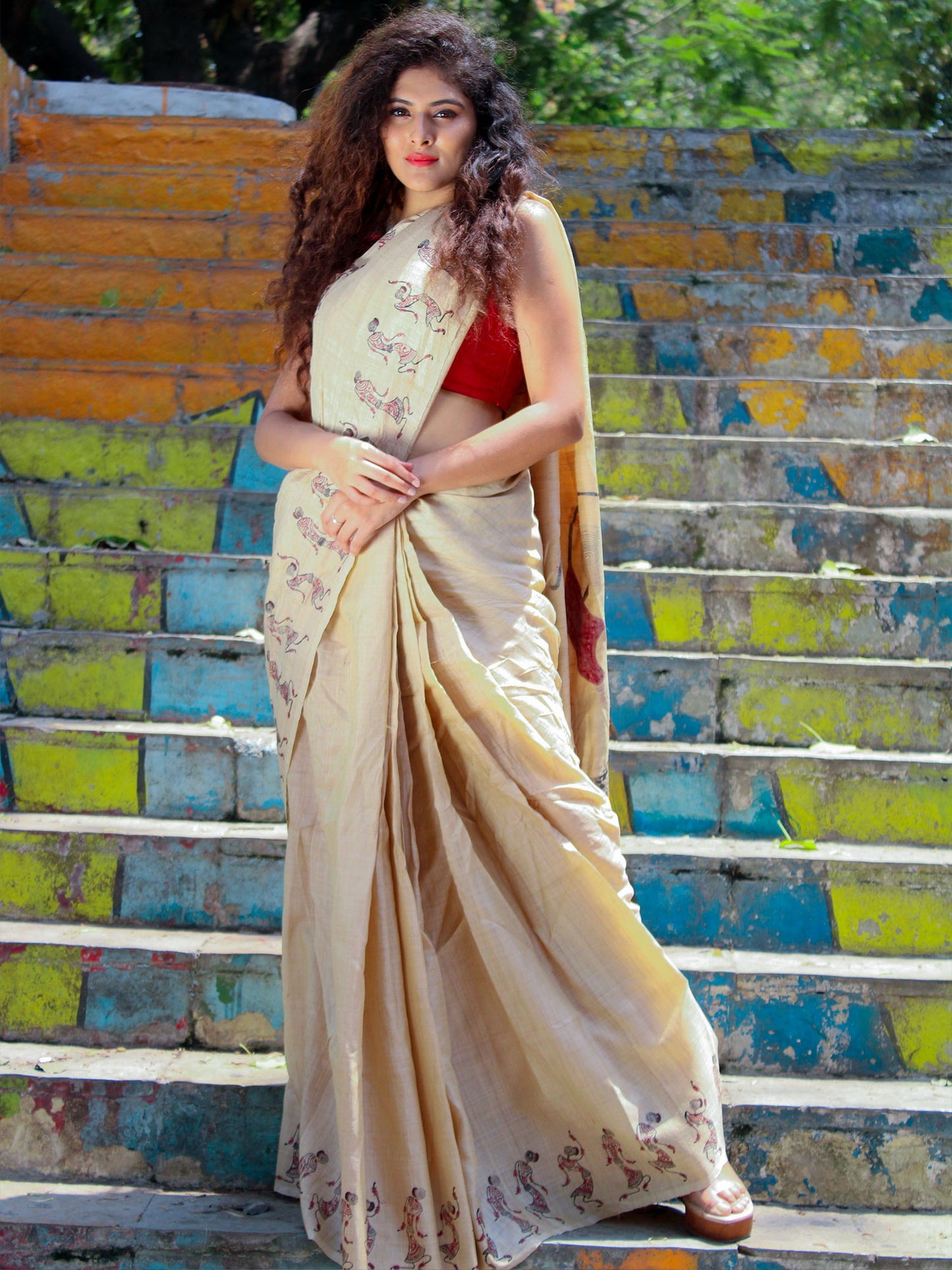 Beige Hand Painted Saura Tussar Silk Saree