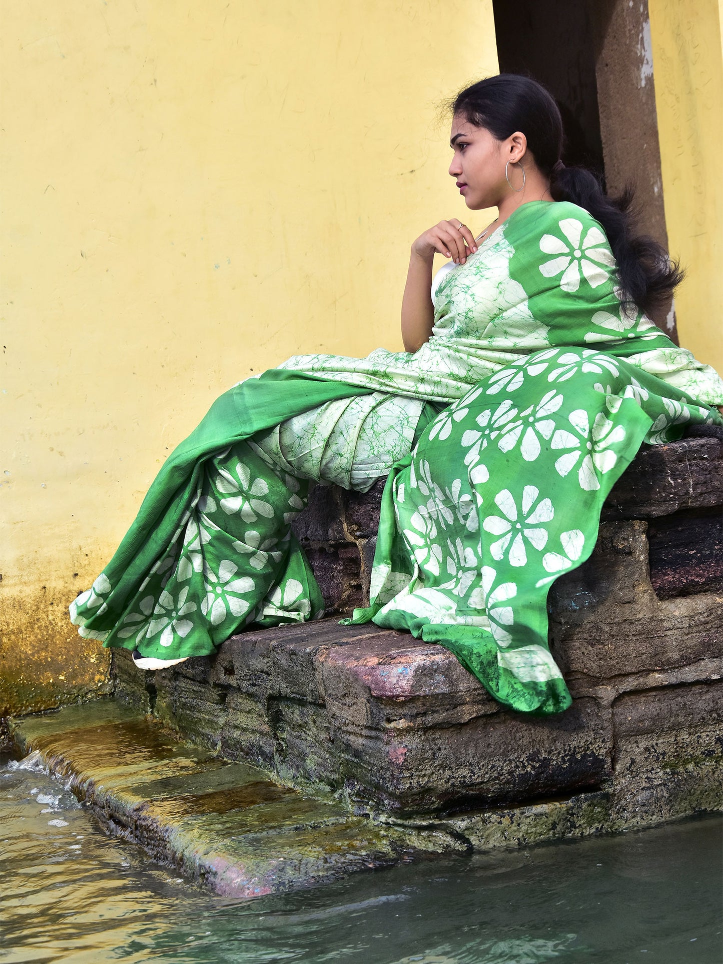 Lime Green Batik Mulberry Silk Saree