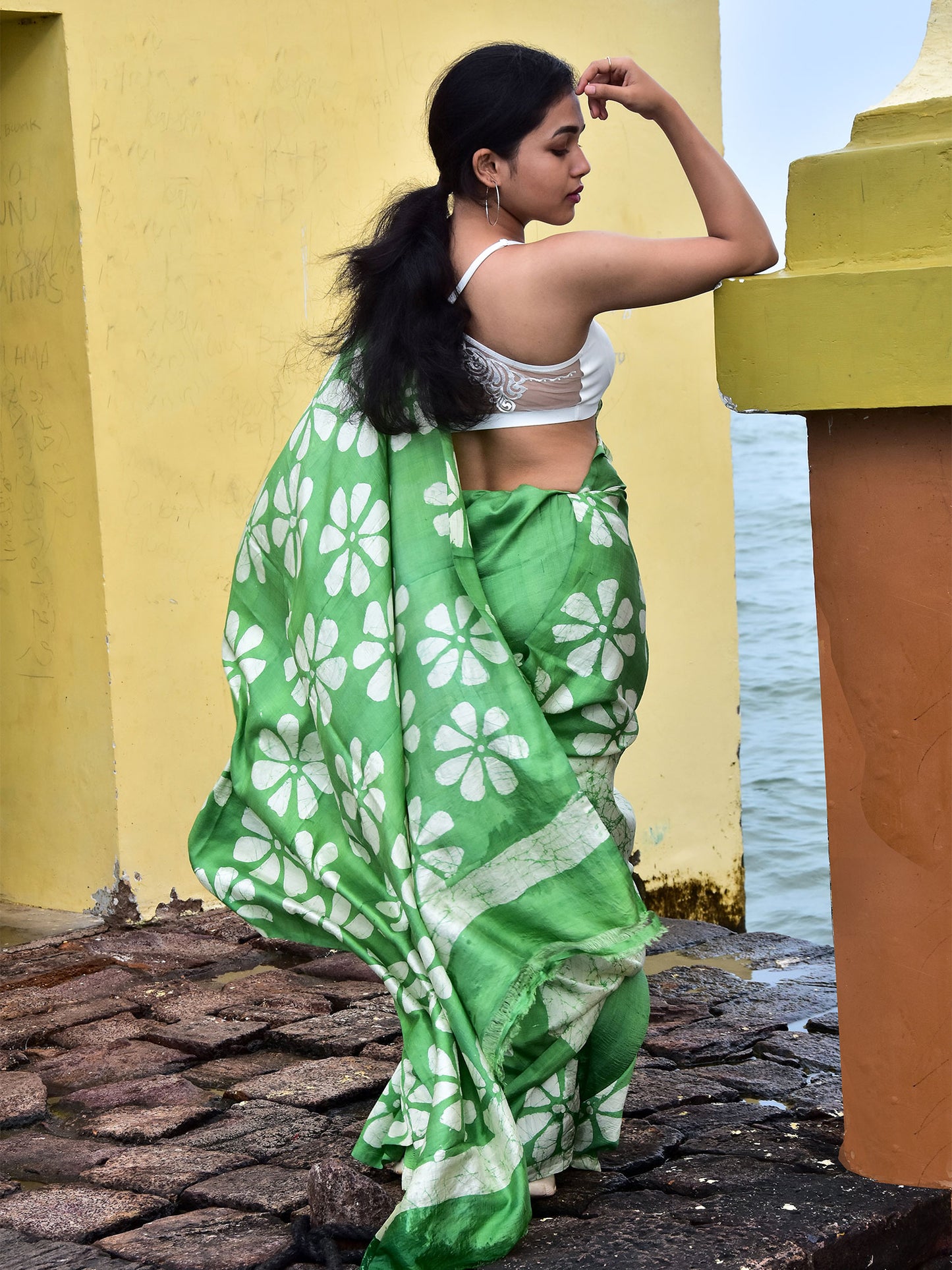 Lime Green Batik Mulberry Silk Saree