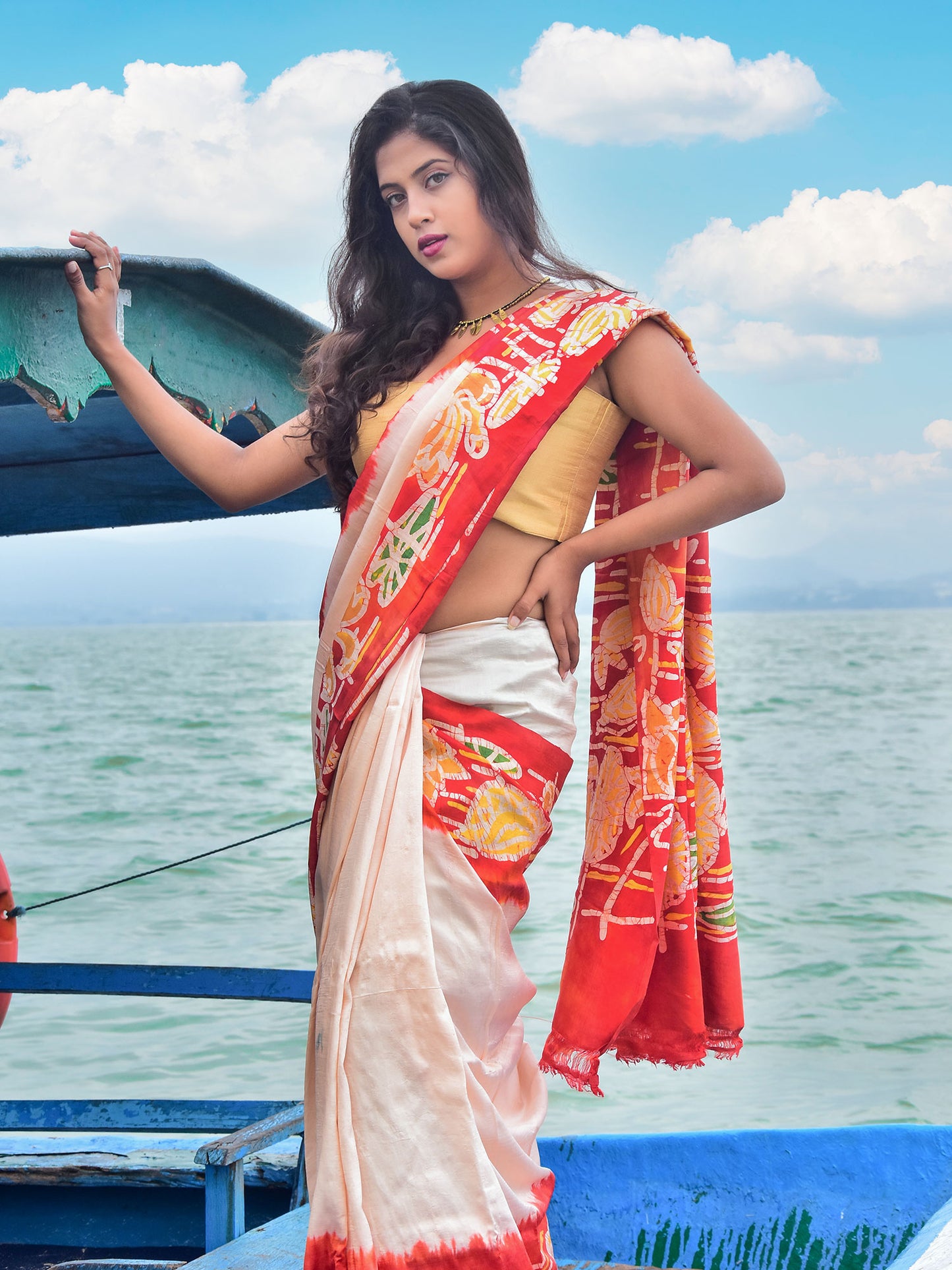 Cream & Red Batik Mulberry Silk Saree