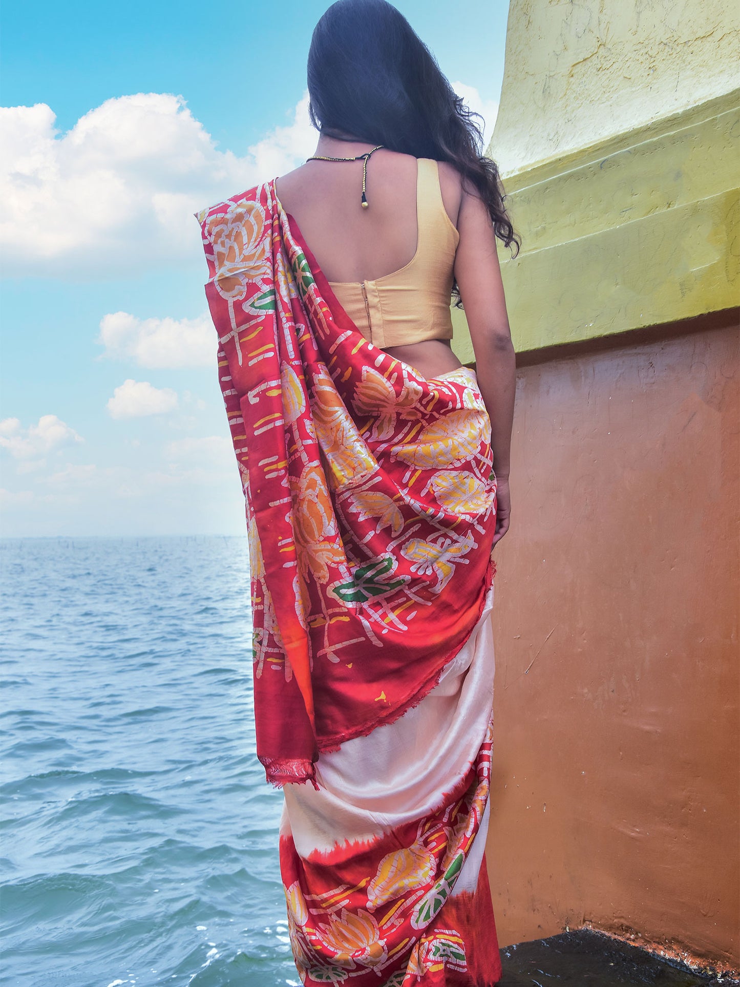 Cream & Red Batik Mulberry Silk Saree