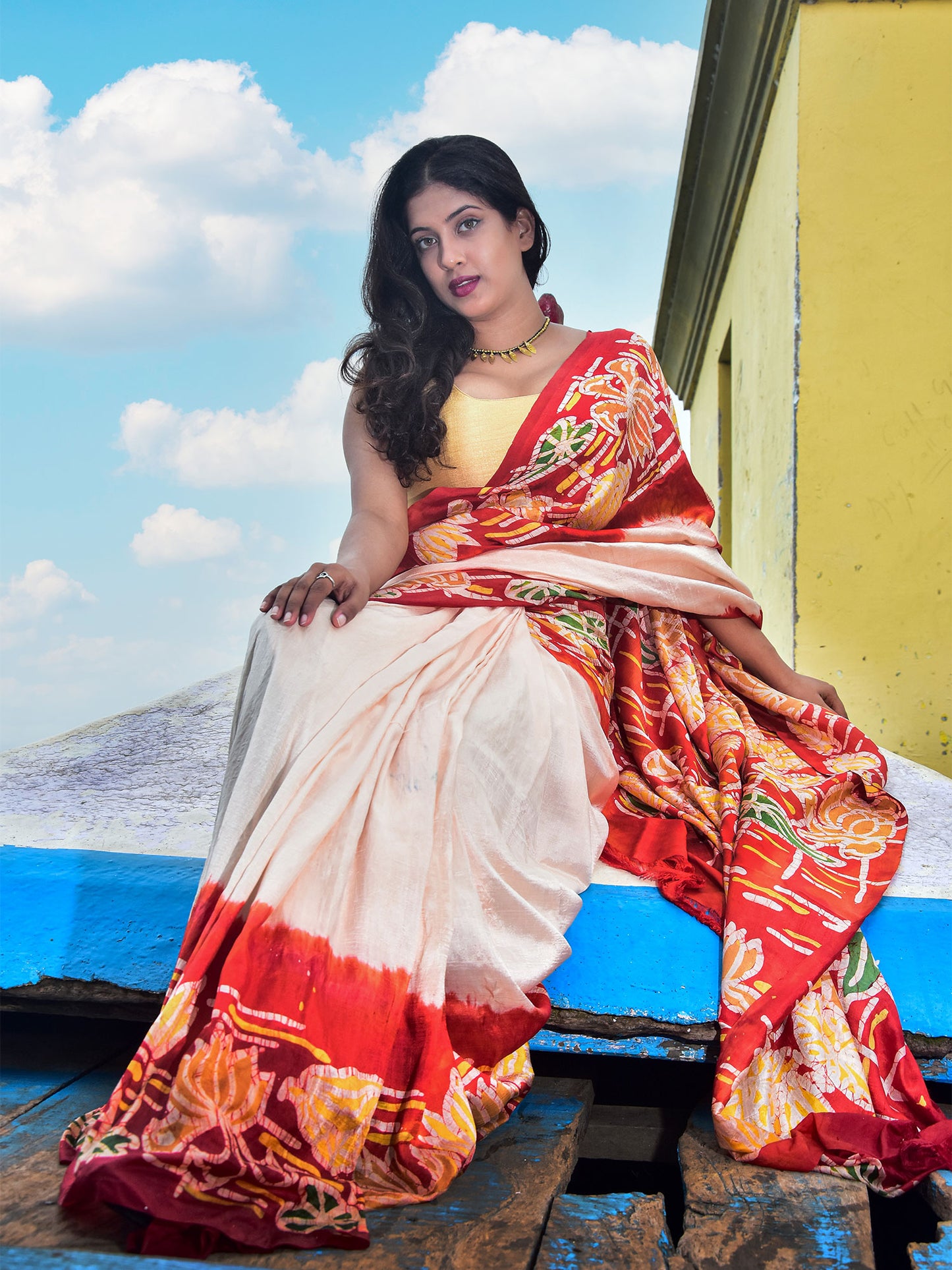 Cream & Red Batik Mulberry Silk Saree