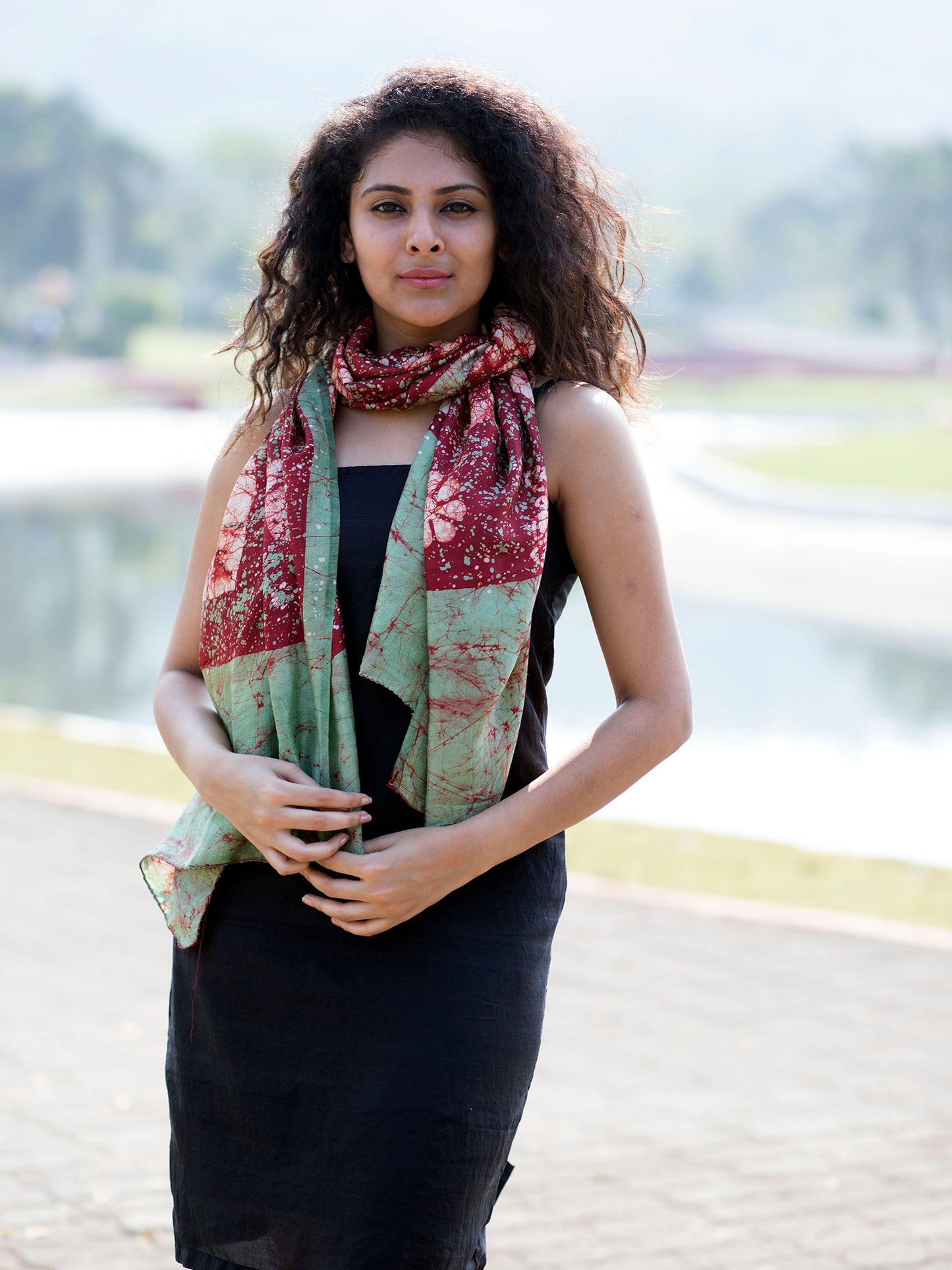 Red and Green Batik Pure Silk Scarf