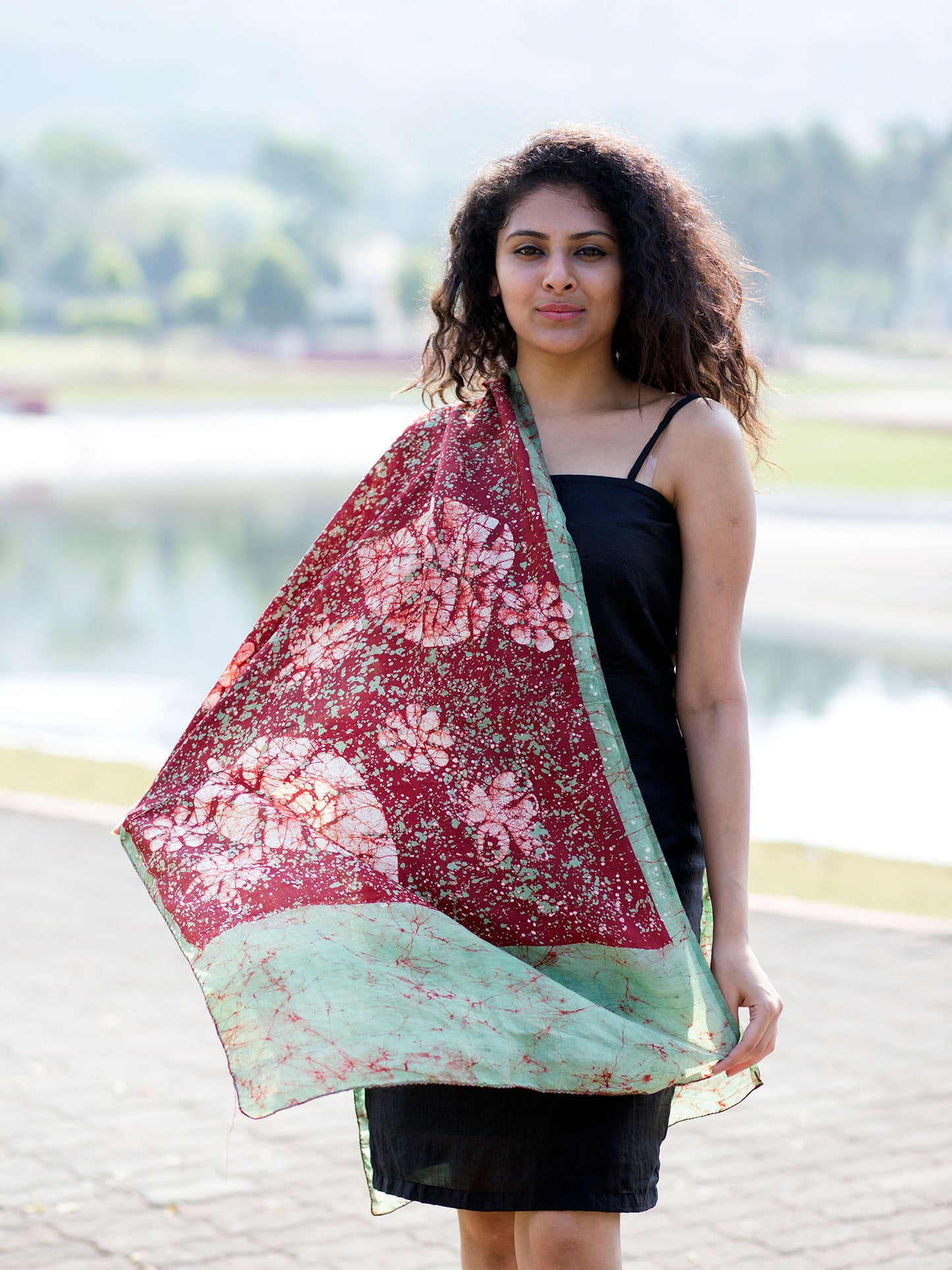 Red and Green Batik Pure Silk Scarf