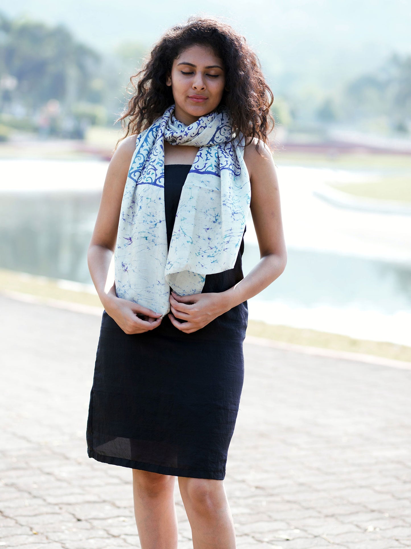 Purple and White Batik Pure Silk Scarf
