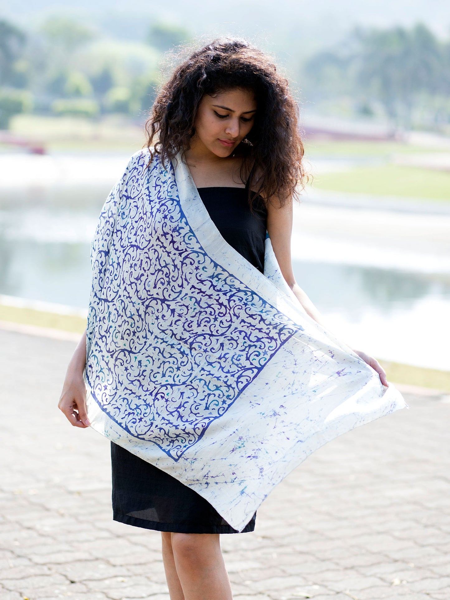 Purple and White Batik Pure Silk Scarf