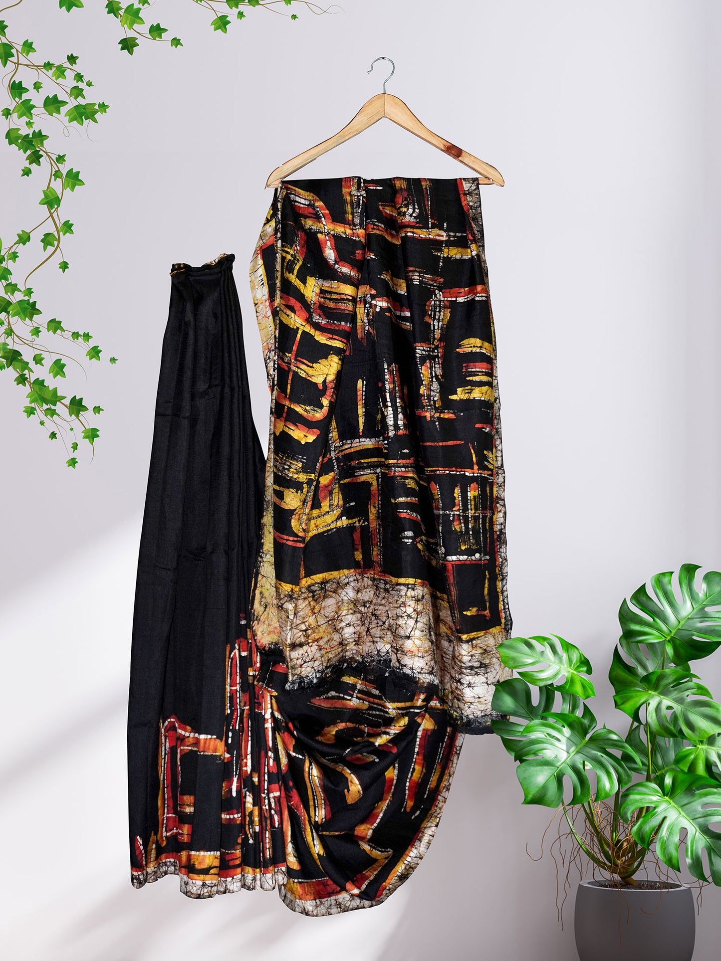 Rust & Black Batik Mulberry Silk Saree