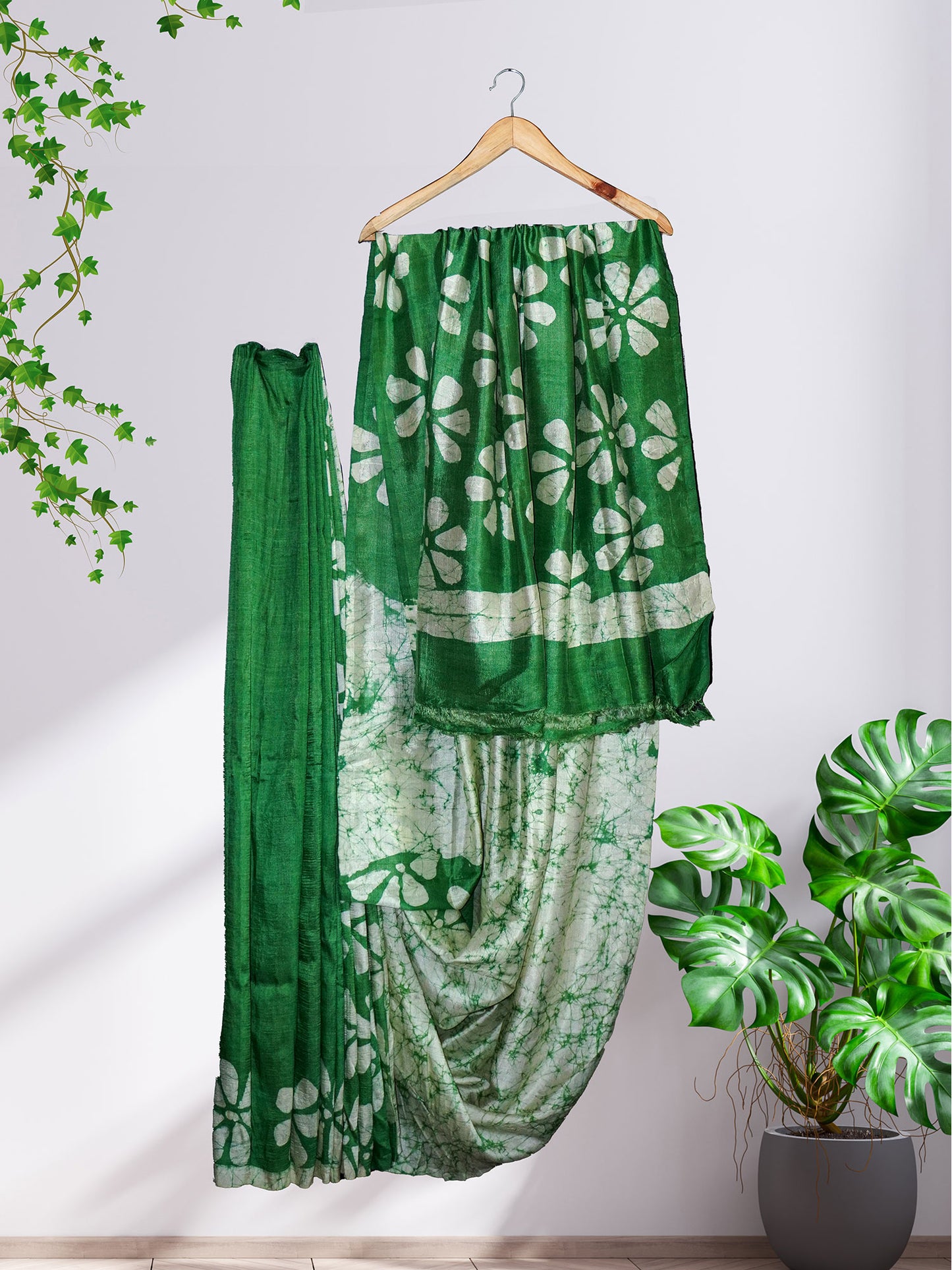 Lime Green Batik Mulberry Silk Saree