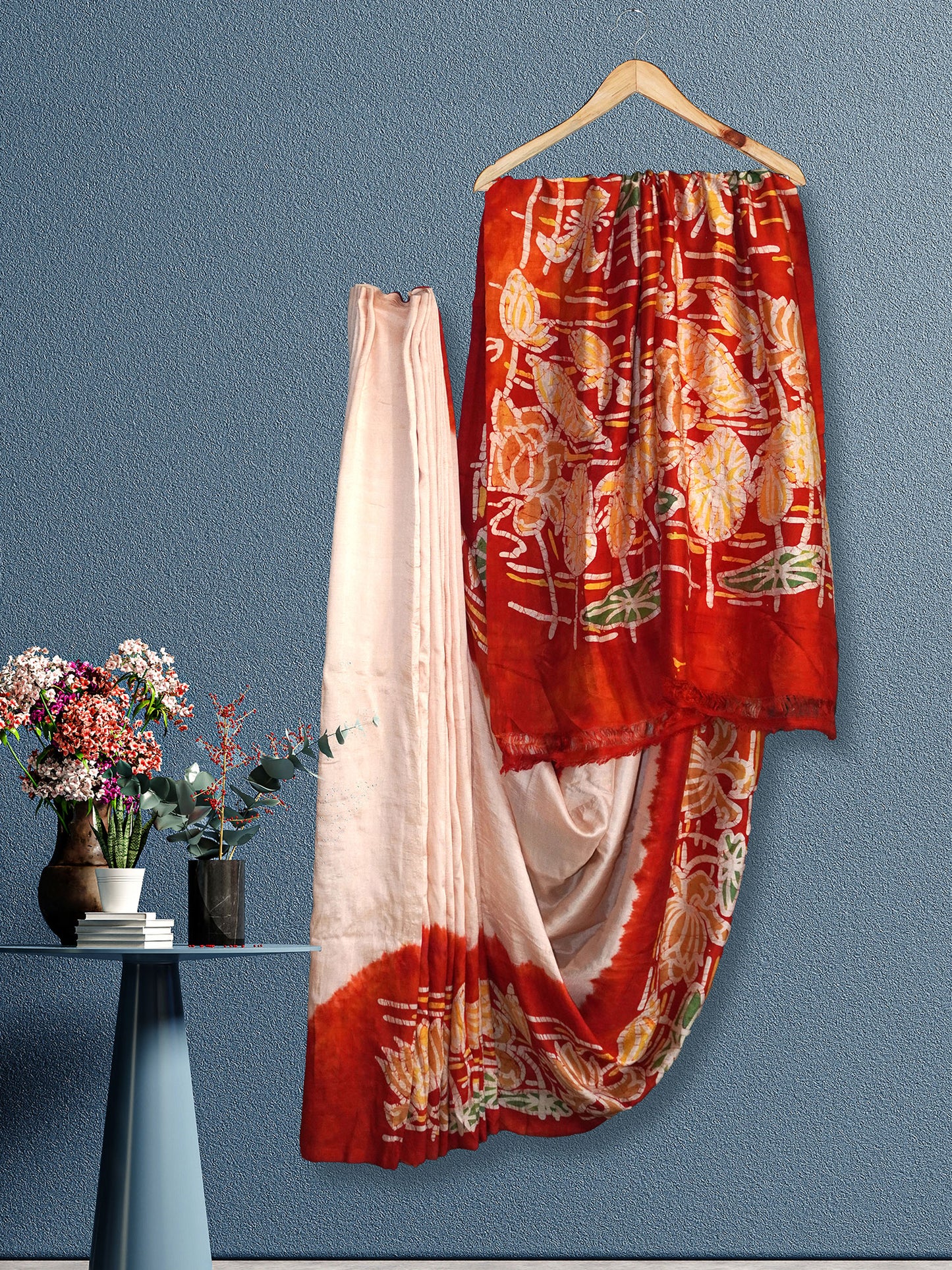 Cream & Red Batik Mulberry Silk Saree