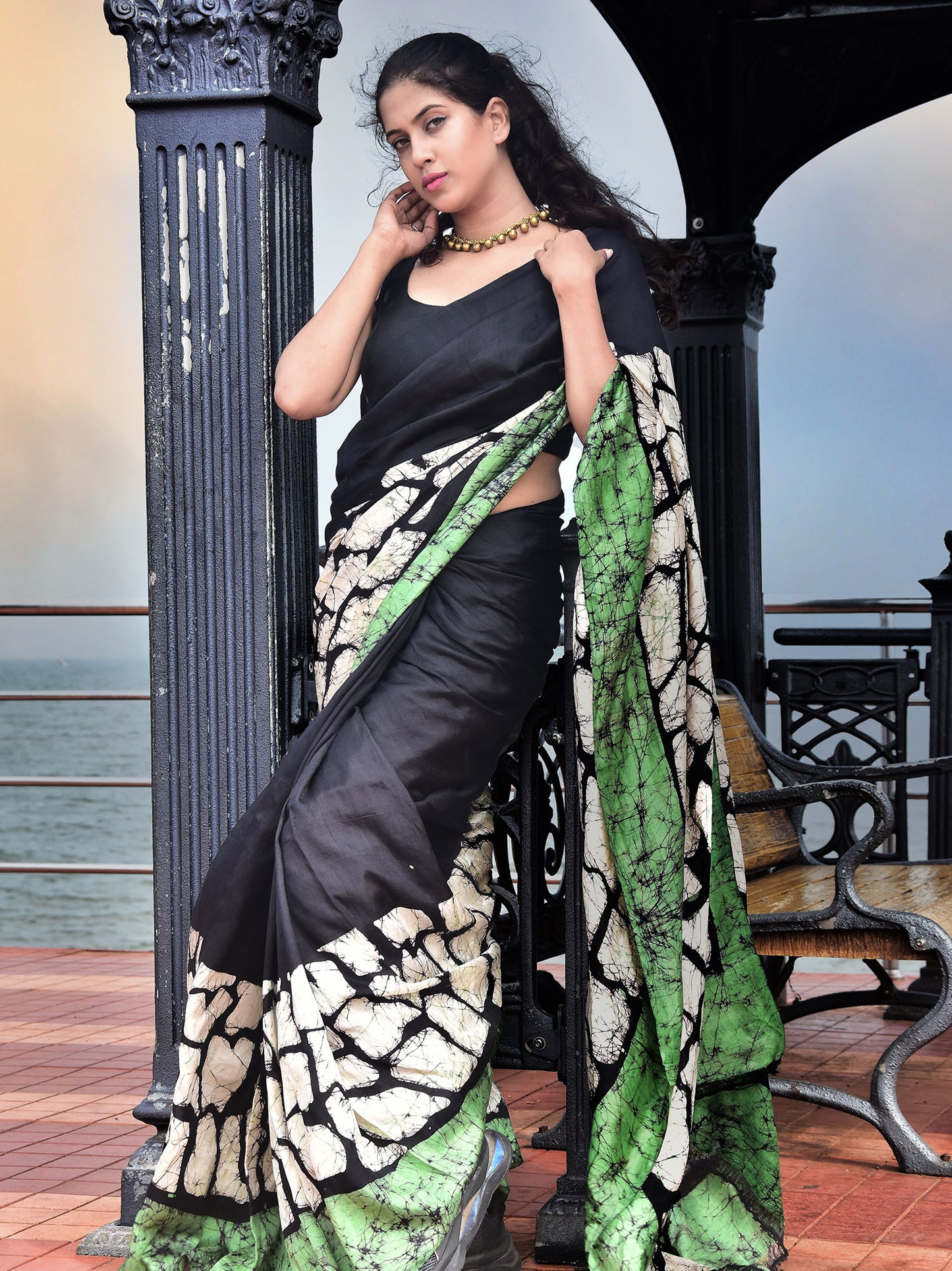 Black & Green Batik Mulberry Silk Saree