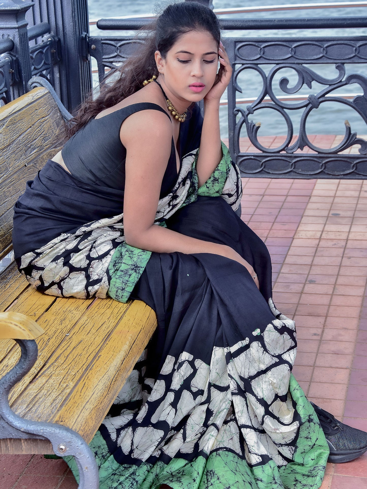 Black & Green Batik Mulberry Silk Saree