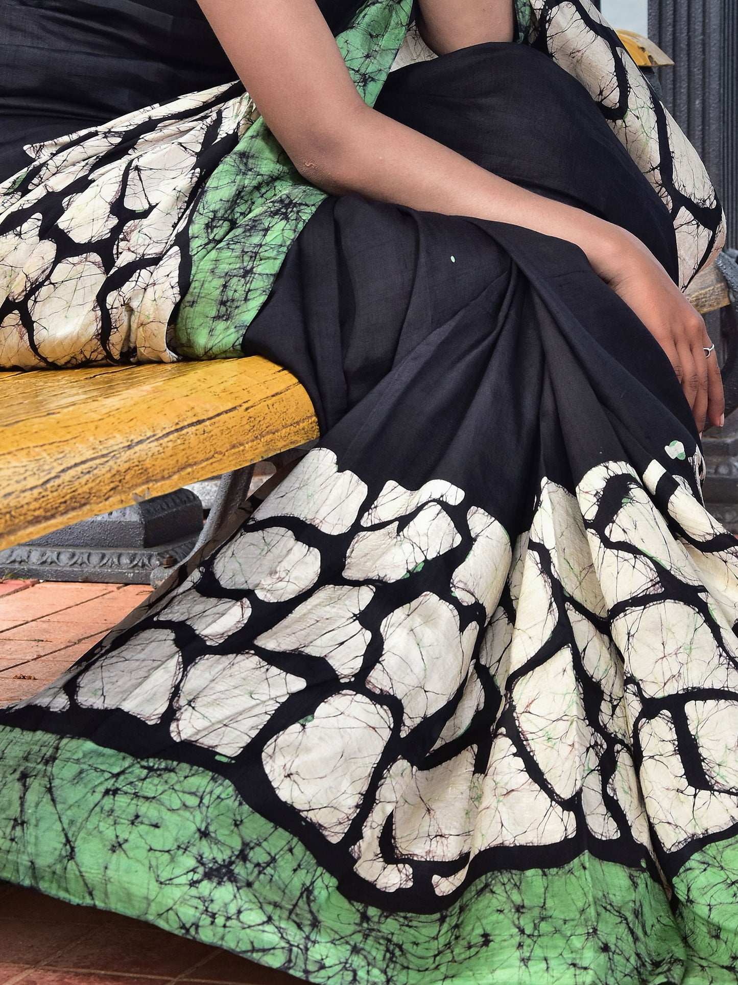 Black & Green Batik Mulberry Silk Saree