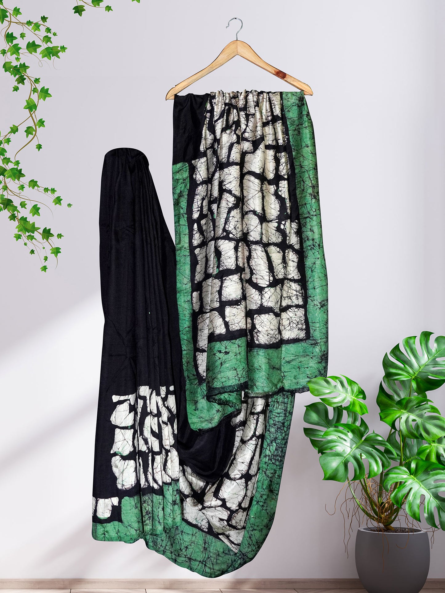 Black & Green Batik Mulberry Silk Saree